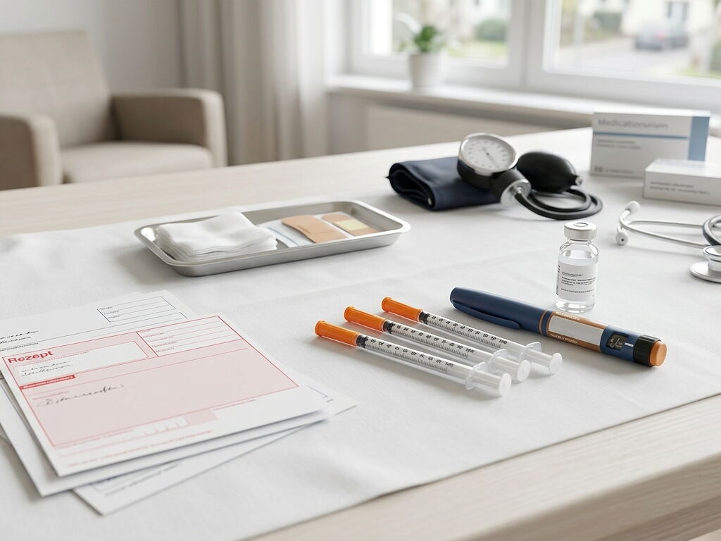 Spritzen, Insulinpen und Blutdruckmessgerät für die Behandlungspflege
