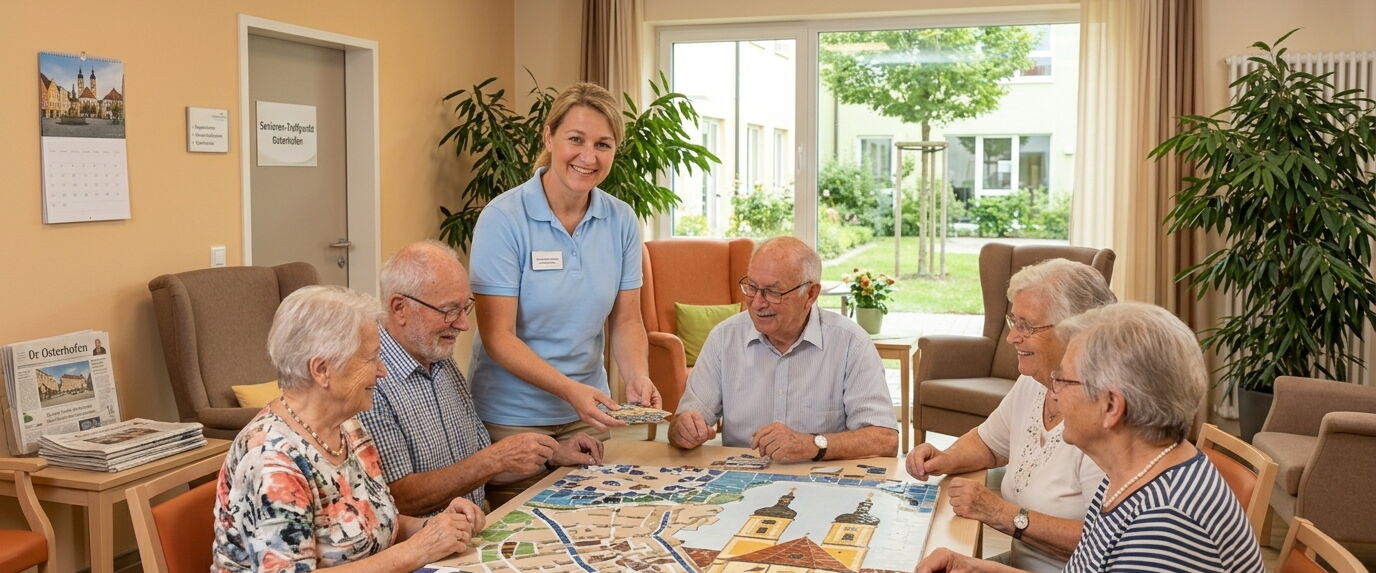 Betreuerin legt mit Seniorinnen und Senioren ein Puzzle